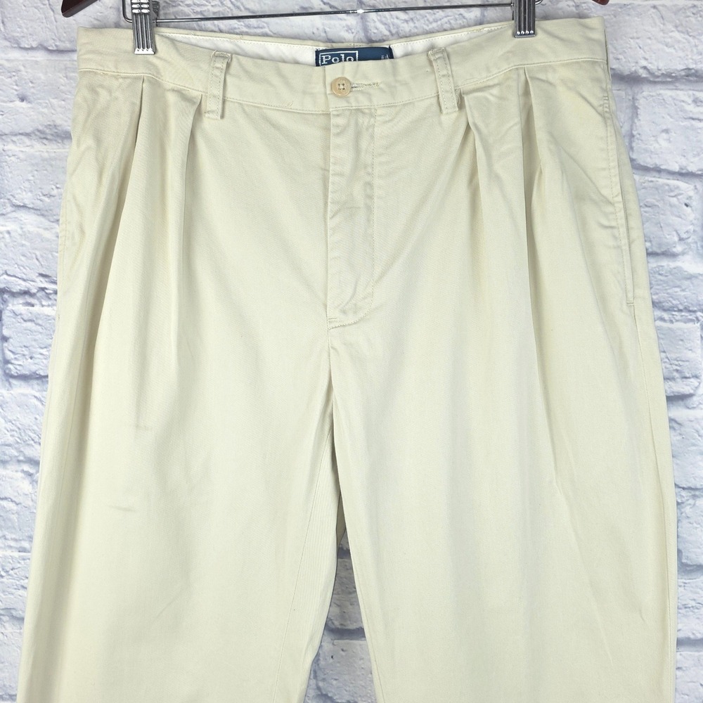 Vintage Polo Ralph Lauren Men Cream Ethan Pant Pleated Cotton Chino Size 34X31